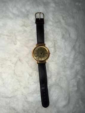 Classic Gold-Tone Watch with Dark Brown Leather Strap
